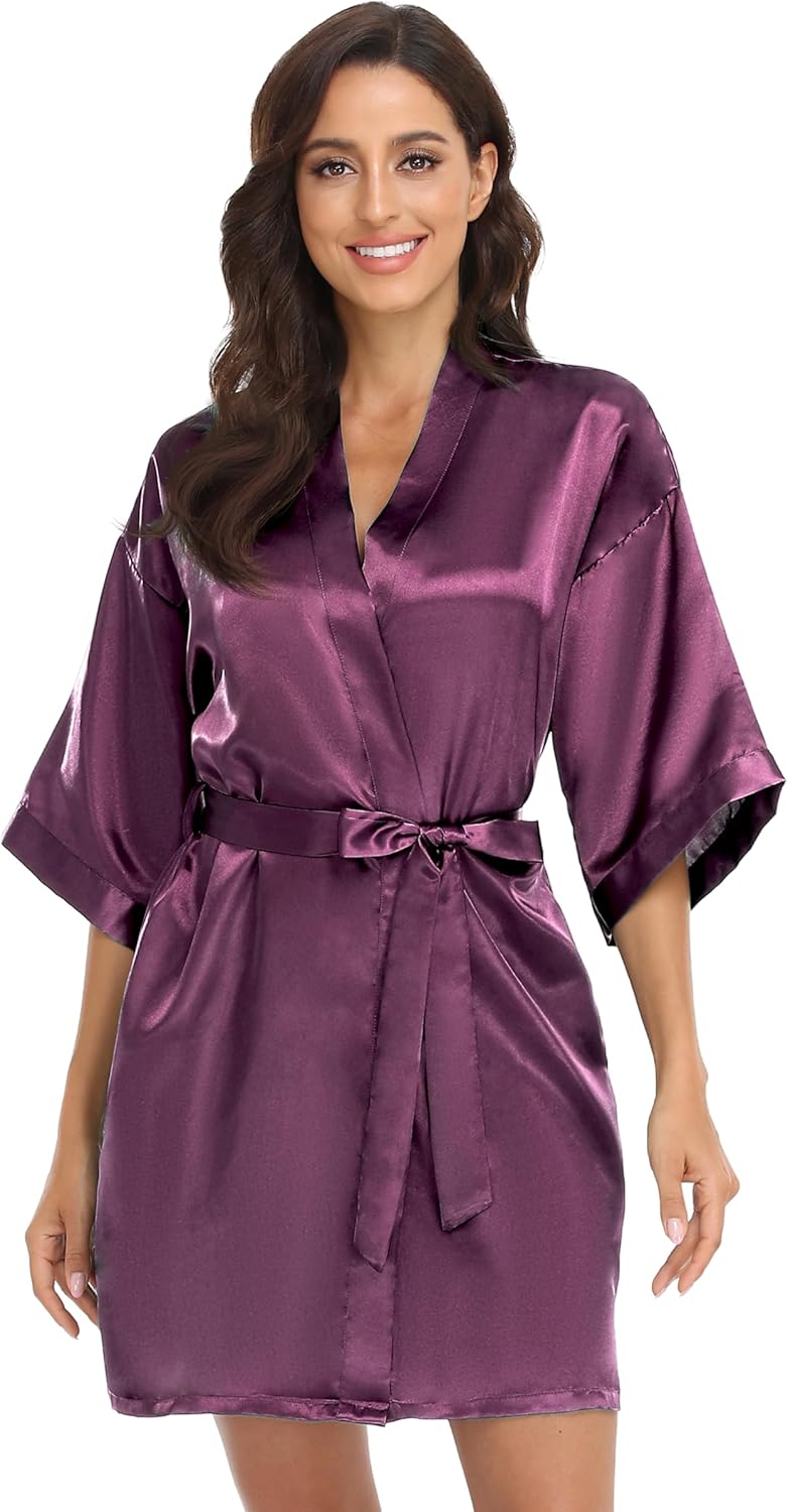 Women's Short Kimono Robe Pure Satin Silky Robes Bride Bridesmaid Wedding Party Sleepwear with Pockets - Image 6