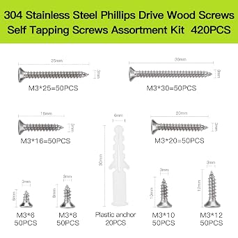 M3 Flat Head Wood Screws Assortment, 420pcs Stainless Self Tapping Screws