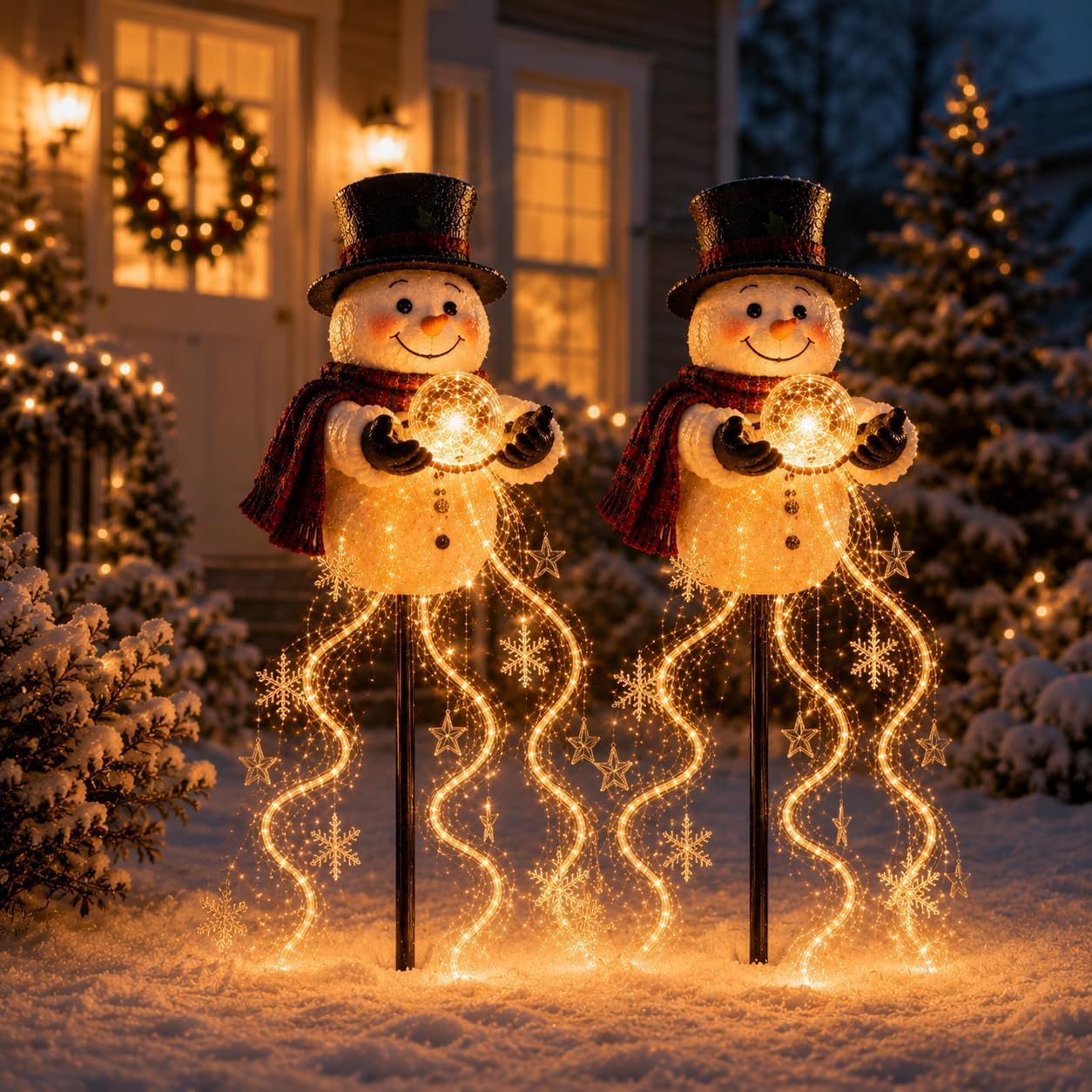 Snowman Magic Fountain Solar Light, Cascading Snowflake Xmas Garden Stake