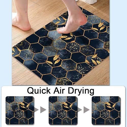 Miniatura 4 de Alfombra de baño, mármol de panal negro y azul, antideslizante, de secado rápido, súper absorbente, delgada, para debajo de la puerta, fácil de