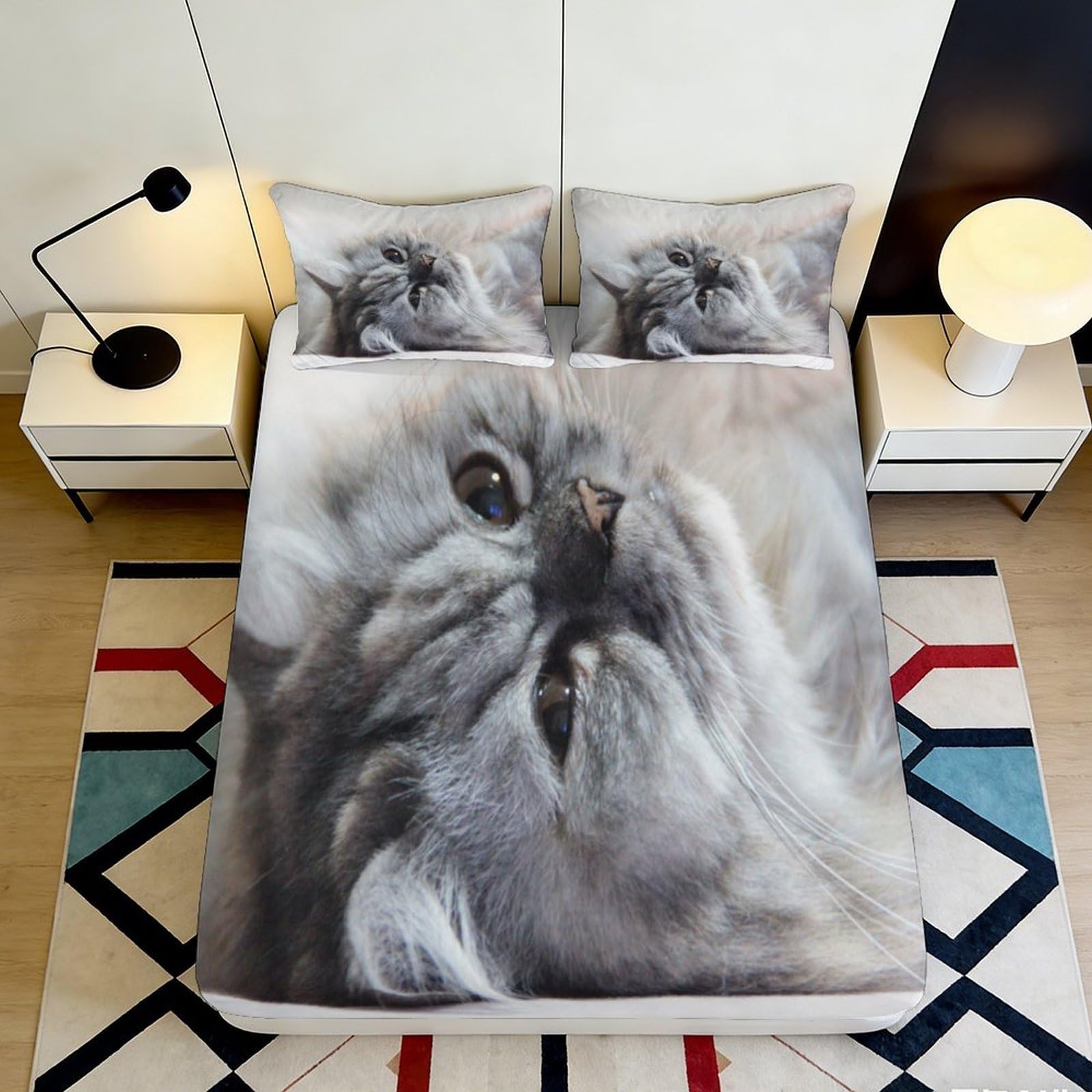 3D Printed Grey Cat Fitted Sheet Microfiber Soft Breathable Fluffy Kitten Bed Cover for Bedroom Dormitory Guest Room Mattress Protection Decor 120x200x25cm