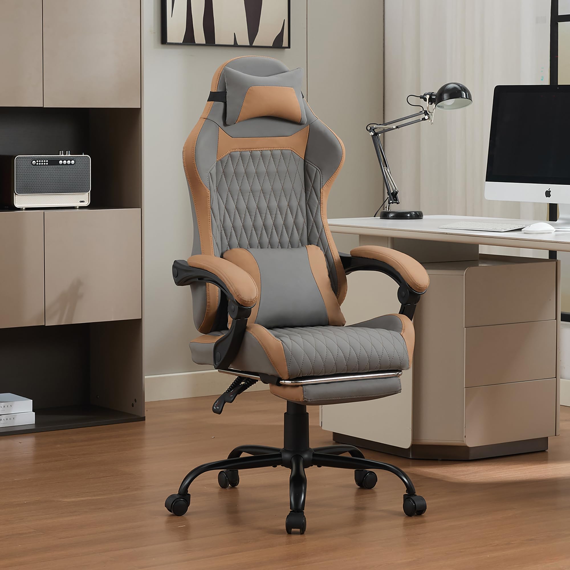 Taikonaut Gamingstuhl, Bürostuhl, ergonomischer Schreibtischstuhl aus Protein-Leder, mit Fußstütze, 135 Grad Liegefunktion, 360 Grad Drehstuhl, Stahlfuß, leise Rollen, Kopf- und Lendenkissen