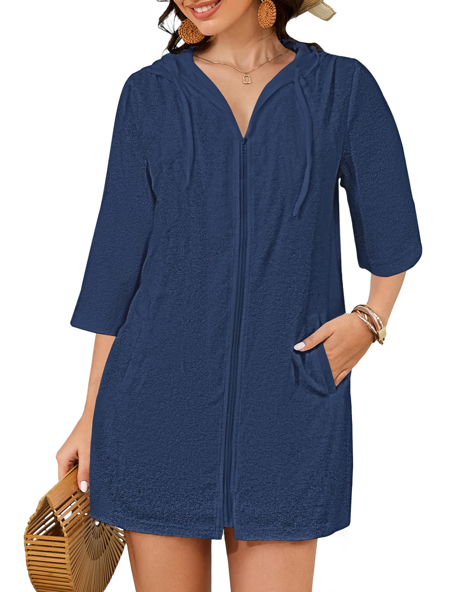 Bsubseach Terry Cloth Swim Coverup - Women Long Sleeve Hooded Swimsuit Coverup Zipper Beach Coverups Robes with Pockets