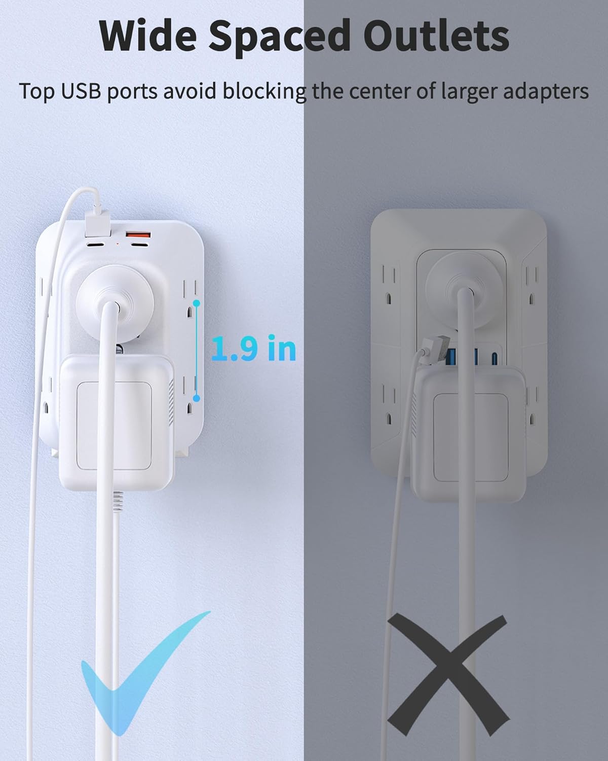 2 Pack Outlet Extender Surge Protector, HOPOW 6 Outlet Splitter with 4 USB Ports (2 USB C), USB Wall Charger, 3-Sided 1050J Multi Plug Wall Outlet, Wall Mount for Home Travel Office Travel, White