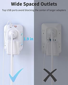 2 Pack Outlet Extender Surge Protector, HOPOW 6 Outlet Splitter with 4 USB Ports (2 USB C), USB Wall Charger, 3-Sided 1050J Multi Plug Wall Outlet, Wall Mount for Home Travel Office Travel, White