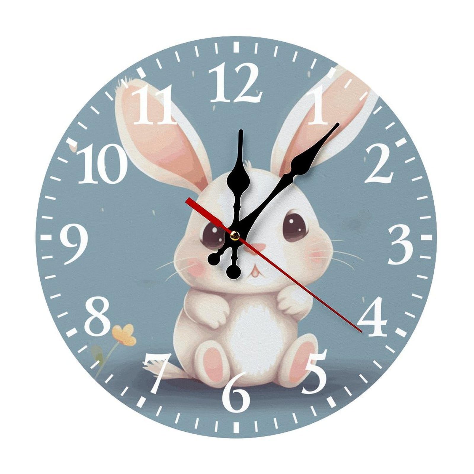 Horloge murale ronde 30 cm blanche avec grands chiffres arabes et motif de lapin mignon