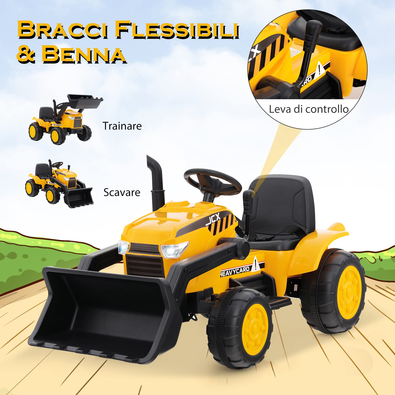 COSTWAY 12 V Escavatore per Bambini, con Telecomando, Benna di Scavo Regolabile Musica e Fari a LED, Ruspa Elettrica per Bambini di 3-8 Anni, Giallo