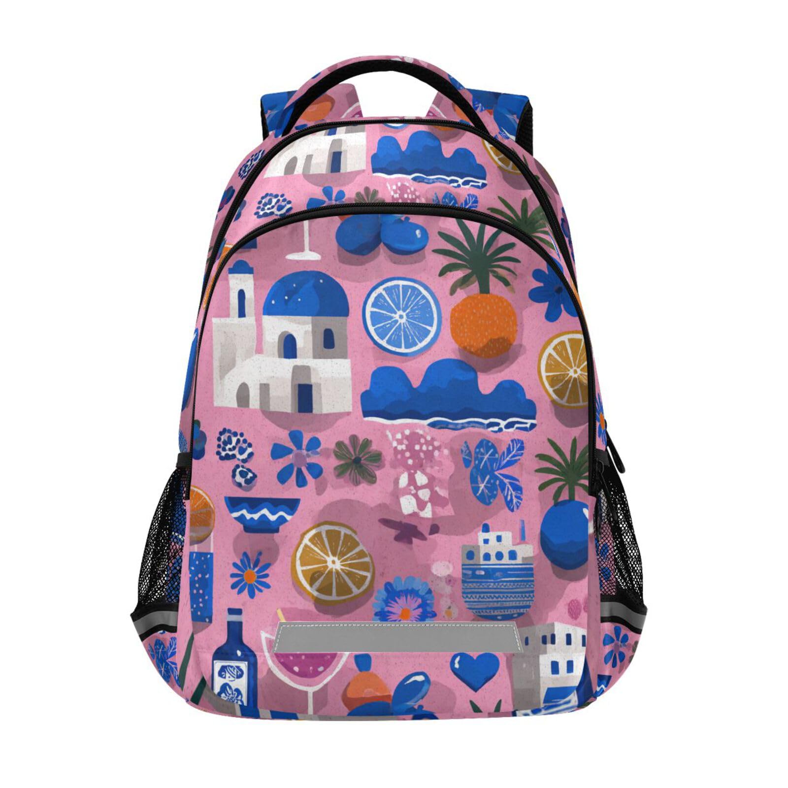FFYHO Greek Island Summer Vibes Large School Backpacks with Chest Strap for Boys Girls Students,Lightweight Bookbags 17 Inch, Portable Casual Daypack
