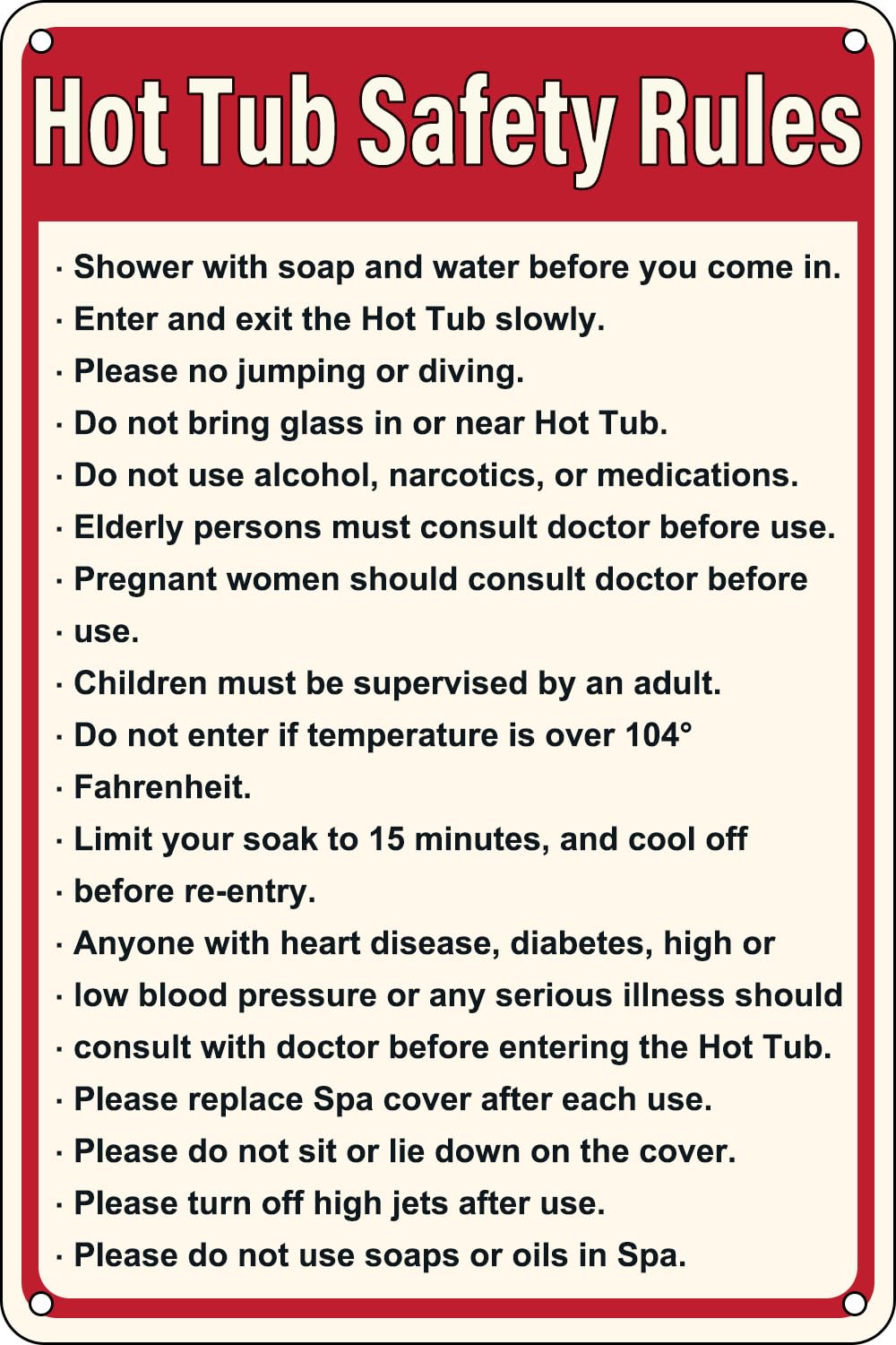 Vintage Metal Tin Signs Hot Tub Safety Rules Funny Pool Retro Poster for Yard Restaurant Hotel Garden Bar Outdoor & Indoor Wall Art 12x8 inch