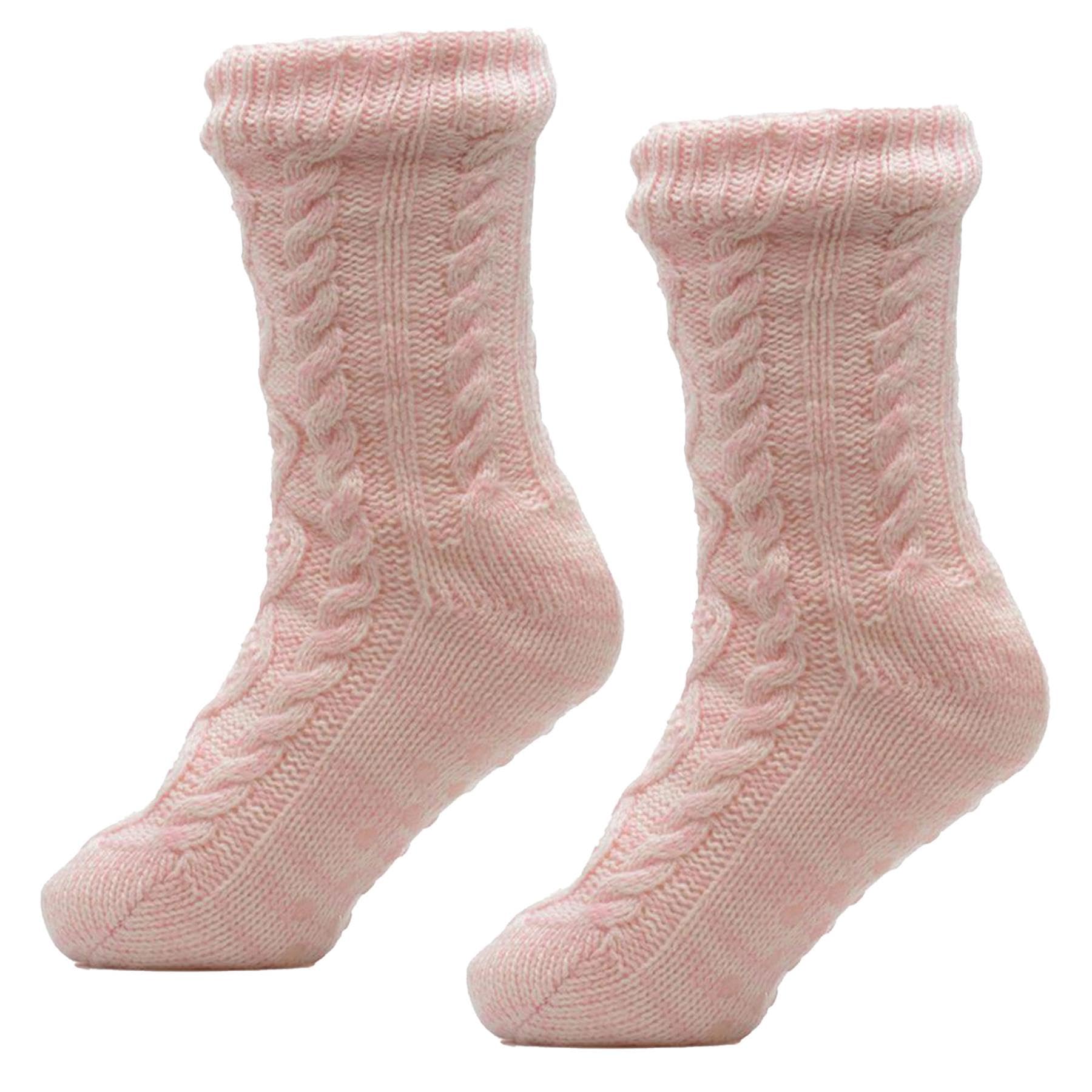 A2Z Ladies Twist Yarn Cable Lounge Socks Sherpa Lining Chunky Knit - Socks LS945 Pink 4-8