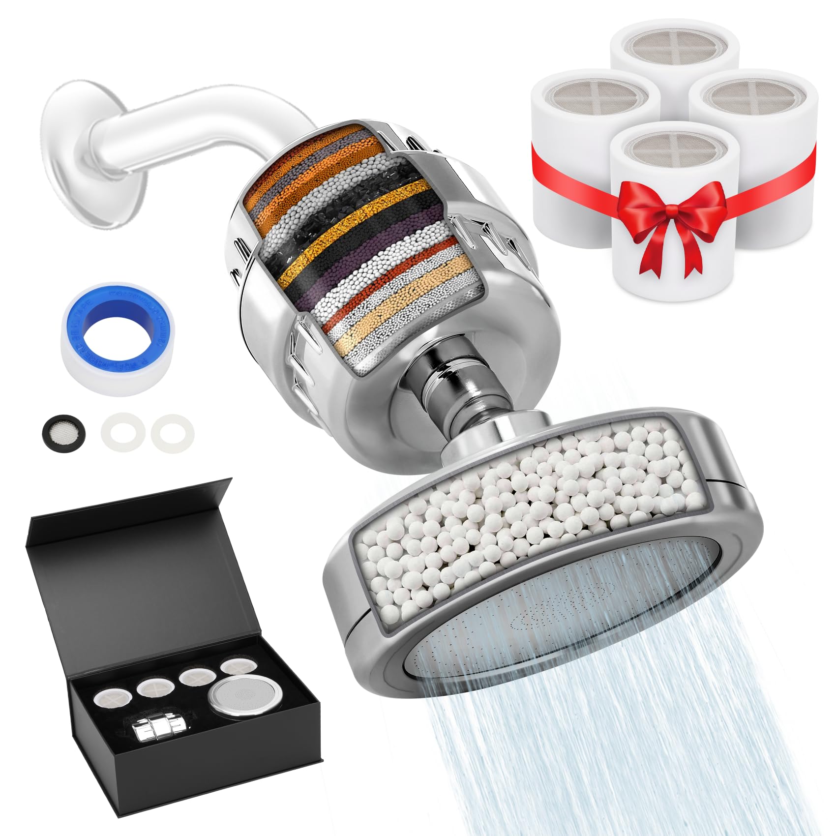 Juego de cabezal de ducha filtrado, 4 filtros de ducha reemplazables de 20 + 3 etapas para agua dura con vitamina C y E para una piel y cabello saludables, elimina el cloro, metales pesados y