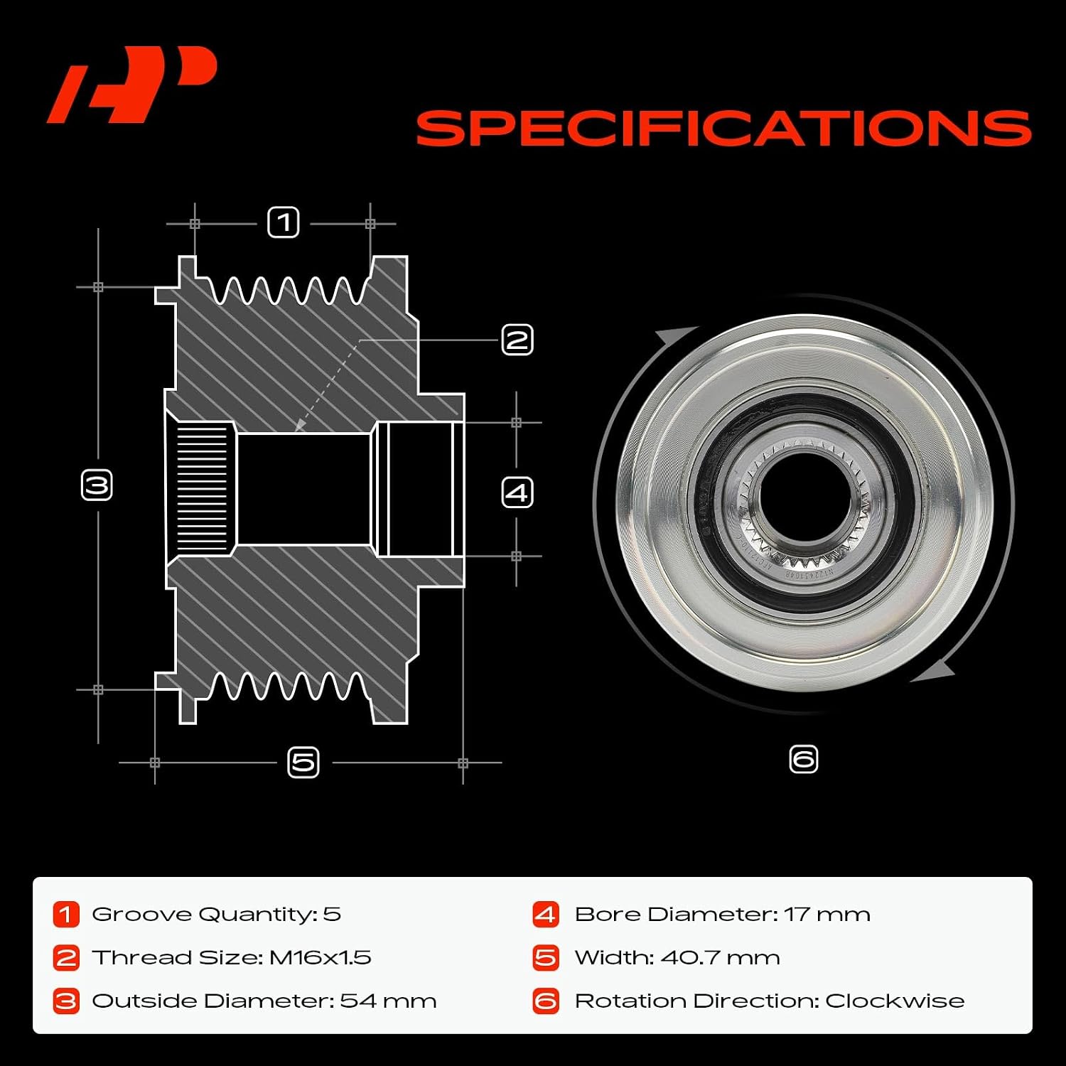 A-Premium Alternator Freewheel Clutch Pulley, 5 Grooves, Compatible with Volvo XC60 2015-2016, S60 2014-2016, S60 Cross Country 2016, XC70 2016, V60 2015-2016, V60 Cross Country 2015-2016, 2.5L, CW