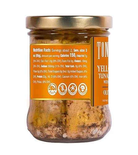 Miniatura 9 de Tonnino - Filetes de atún bajo en calorías y sin gluten, atún premium empacado en vidrio con aleta amarilla en aceite de oliva, 6.7 onzas