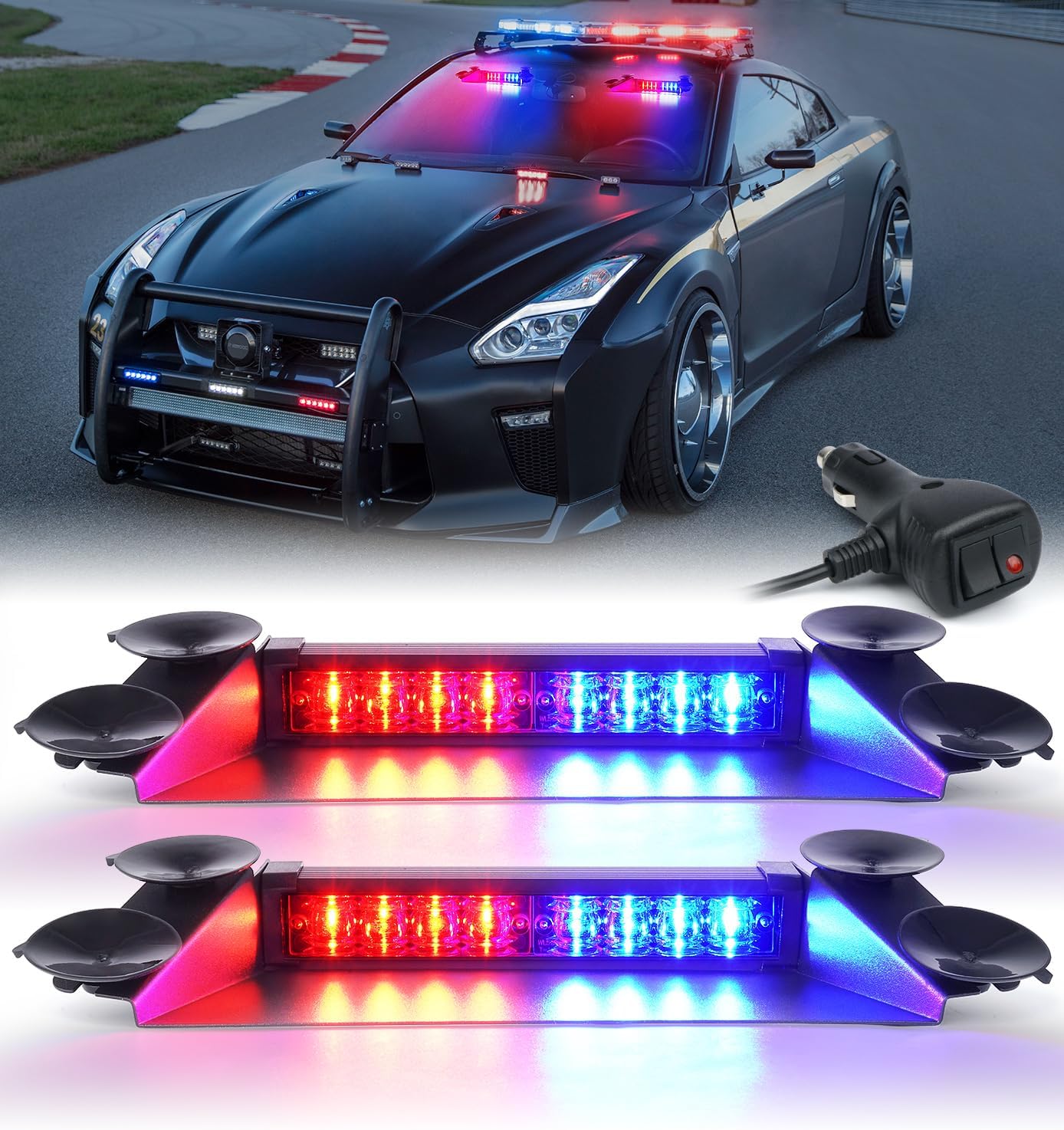 (Similar)LUMENIX LED Emergency Dash Strobe Lights Aluminum, Front Windshield Visor Safety Warning Traffic Caution Deck Split Flashing Light for Police Cop Patrol Vehicles Trucks Cars - Red Blue