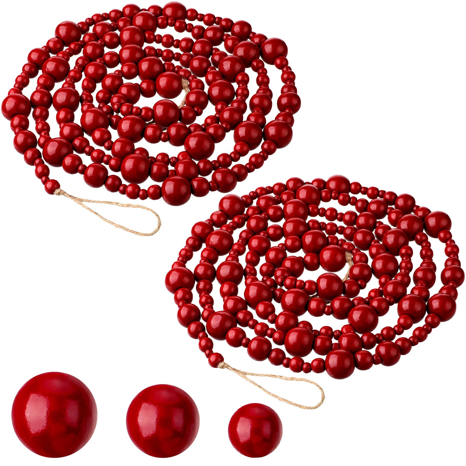 Lot de 2 guirlandes de perles de Noël en bois de 2,4 m - Guirlande de Noël rustique - Guirlande de perles décoratives bohème pour sapin de Noël - Décoration d'intérieur (rouge foncé)