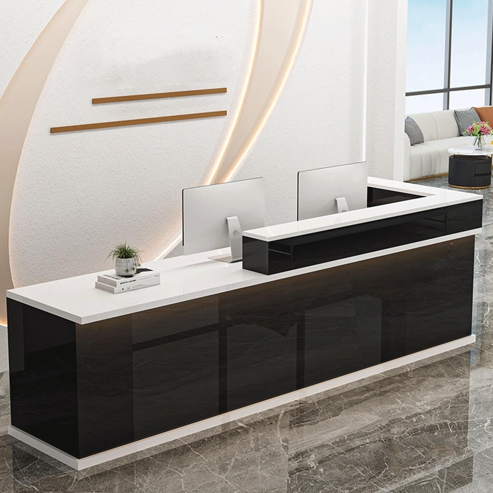 Biurko recepcyjne LED w kształcie litery L, z zamykaną szufladą, nowoczesny licznik detaliczny do salonu piękności i sklepu, czarno-biały, 140 cm