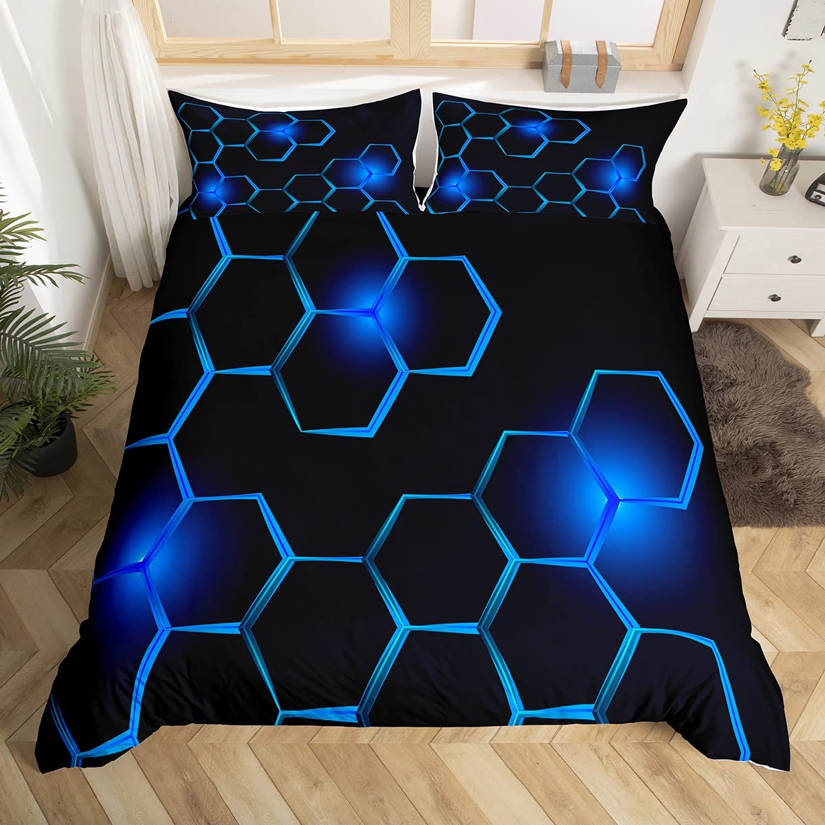 Loussiesd Kids Honeycomb Bedding Set Ice Sports Games Duvet Cover for Boys Children Teens Single Size Blue Bedroom Decor Geometrical Comforter Cover Set Beehive Geometric Bedspread with 1 Pillow Case