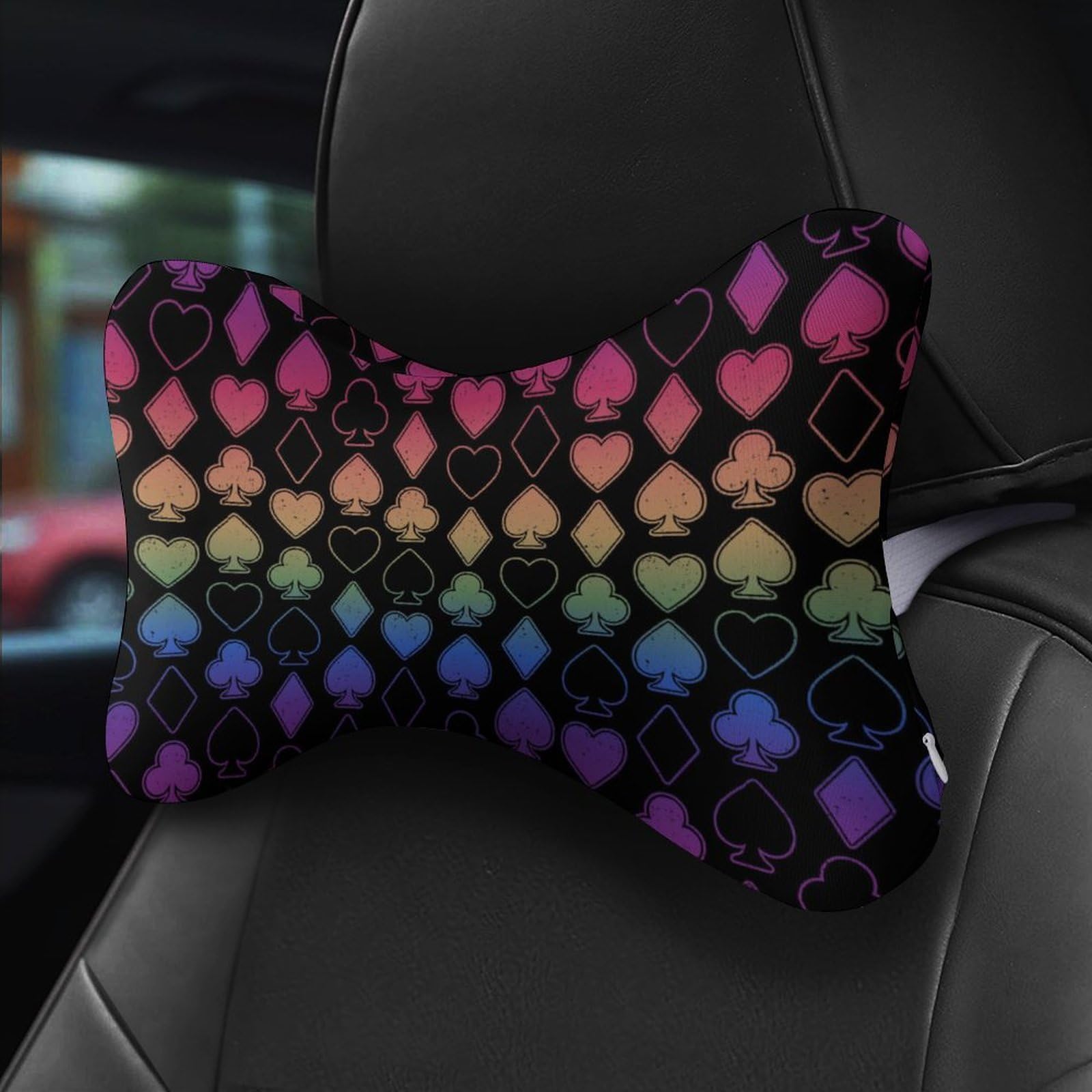 SMAZDFXX Neon Card Suits Playing Poker Car Neck Pillow Set of 2 Car Seat Head Support Cushion Bone Pillows with Elastic Strap