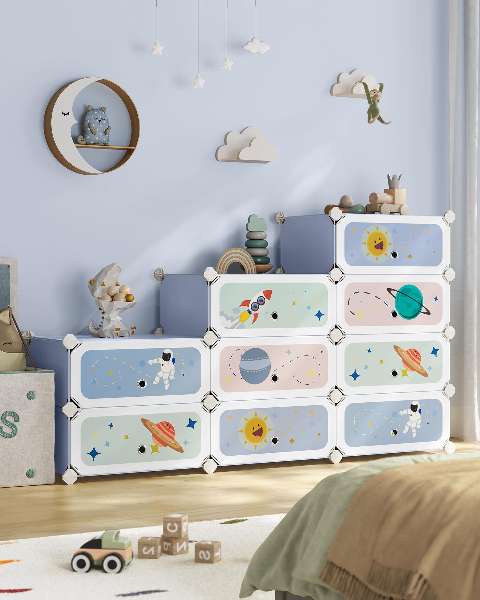 SONGMICS Étagère à Chaussures Modulable Enfants, Meuble de Rangement 12 Emplacements, Armoire avec Étagères en Plastique, Organisateur avec Portes, 31 x 81 x 106 cm, Bleu Clair LPC907Q01