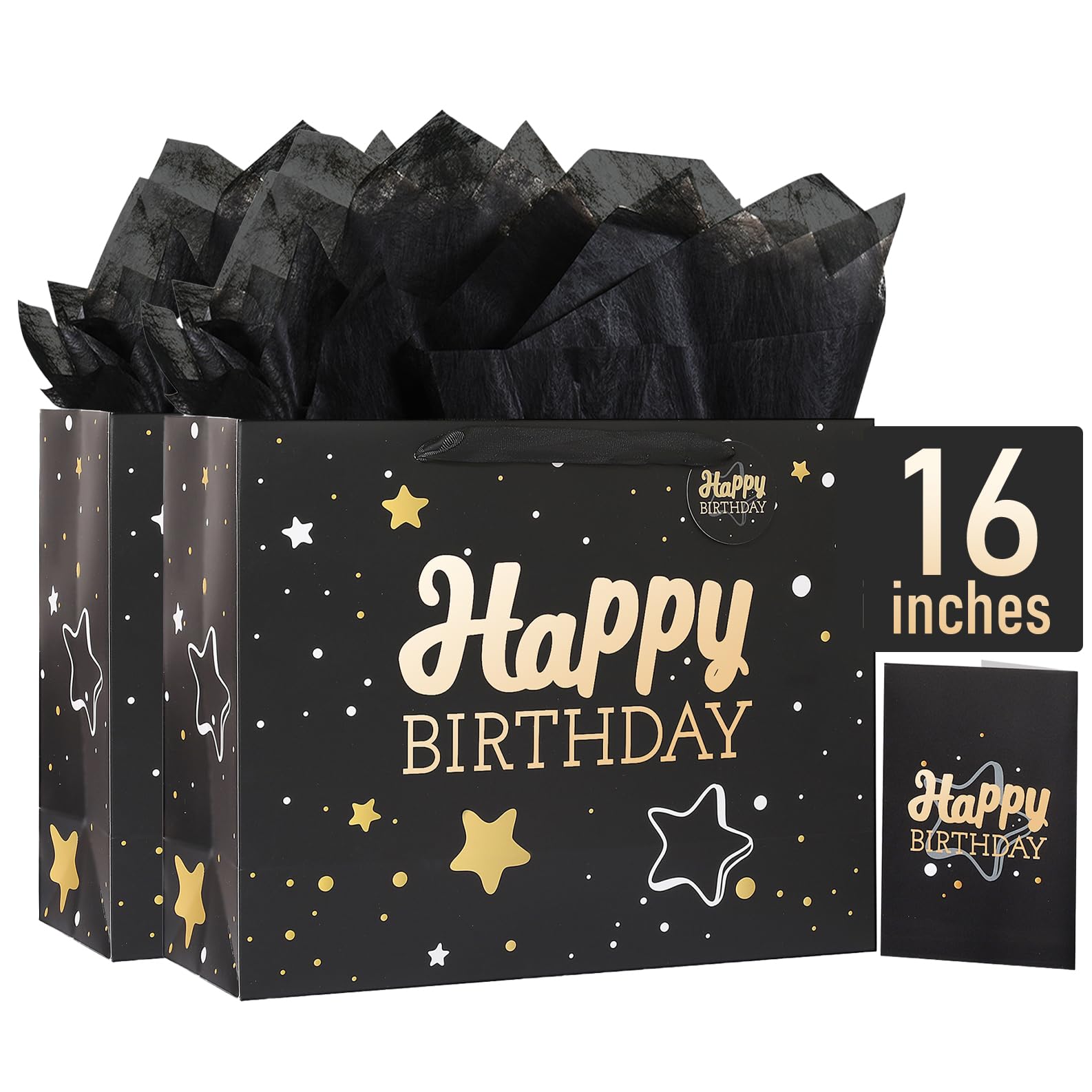 Birthday Gift Bag with Tissue Paper and Card(2 PCS True Black, 16") | Happy Birthday Gift Bag for Men Women,Gift Bags Extra Large,Birthday Gift Bag Set,2 Gift Bag,4 Tissues & Card True Black 2 Pack