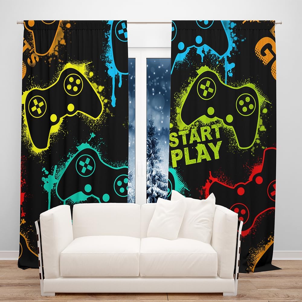 82x84 Inches Neon Gamepad Game Window Curtains Start Play Teen Boys Modern Gaming Video GameRoom Bedroom Living Room Decorations Home Window Treatments Drapes 2 Panel - Image 2