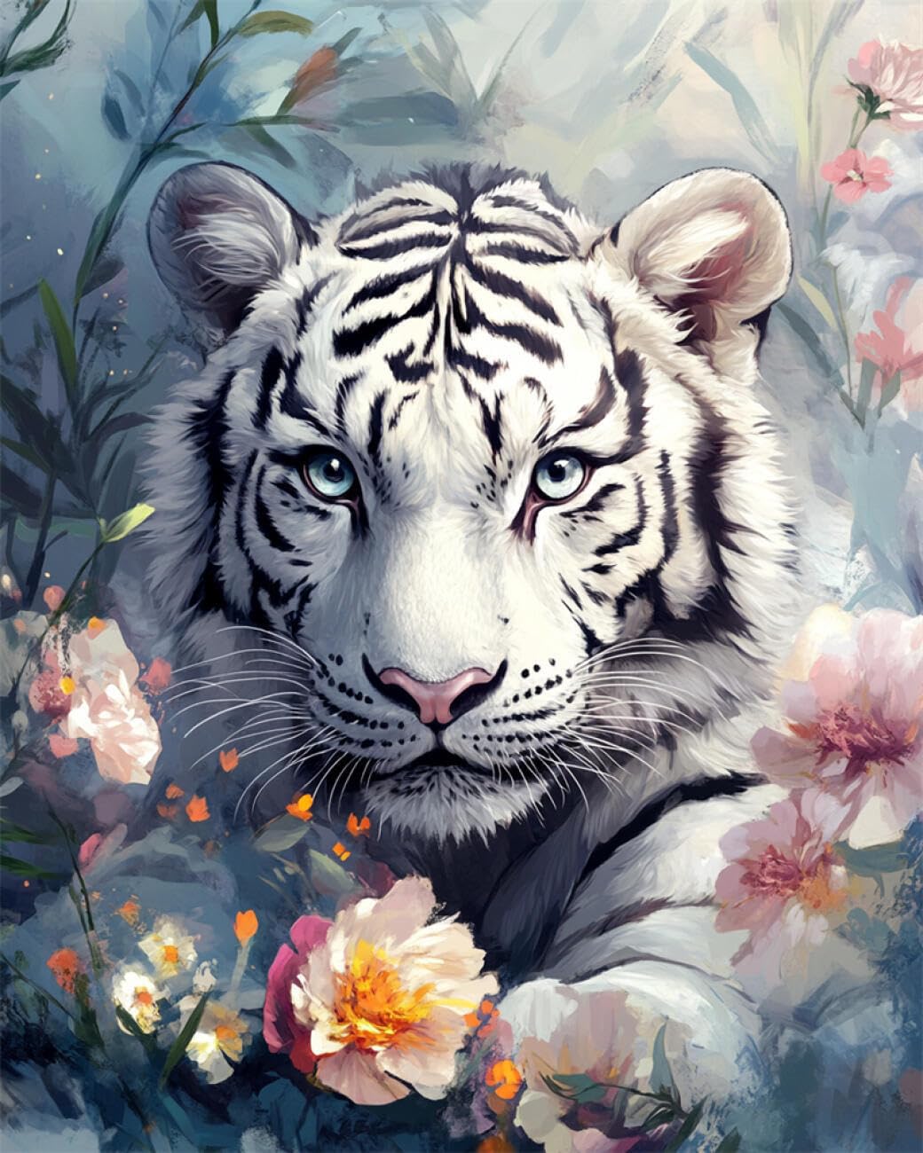 RKFLGEW DIY Seed Bead Embroidery Kits White Tiger and Flowers 30x40cm