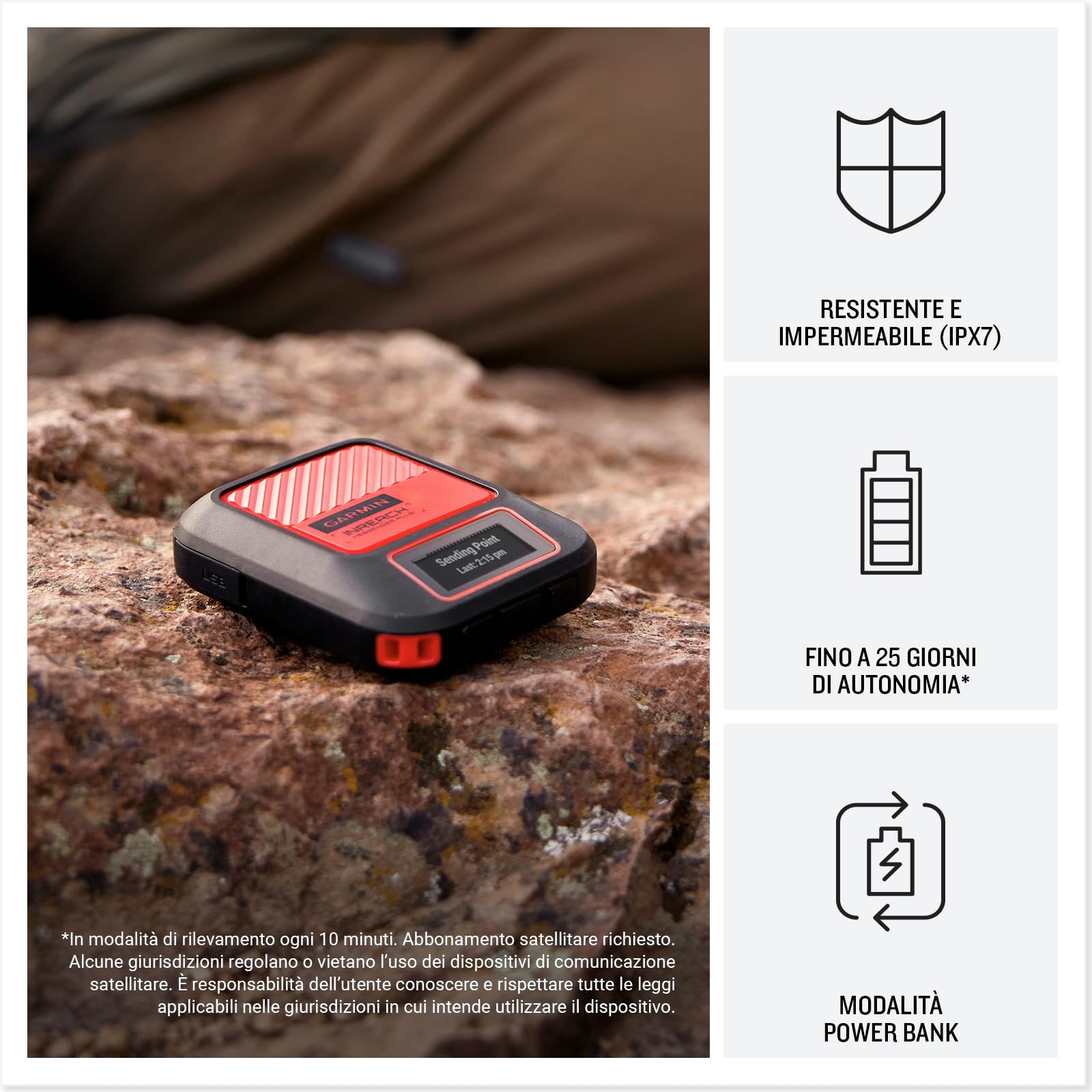 Garmin InReach Messenger Plus, Comunicatore Satellitare, Copertura Iridium, Invia e ricevi SMS, Immagini e Vocali, Messaggi di gruppo, Lancia SOS, LiveTrack, TracBack