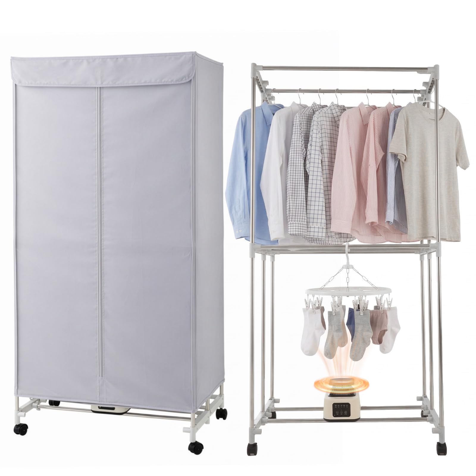 CROWNSHOP 1000W Electric Heated Clothes Airer, 2-Tier Foldable Stainless Steel Indoor Clothes Dryer, Energy-Saving Drying Rack for Laundry, 10kg Load, Timer 180 Minutes, Auto Shut-Off (Grey)