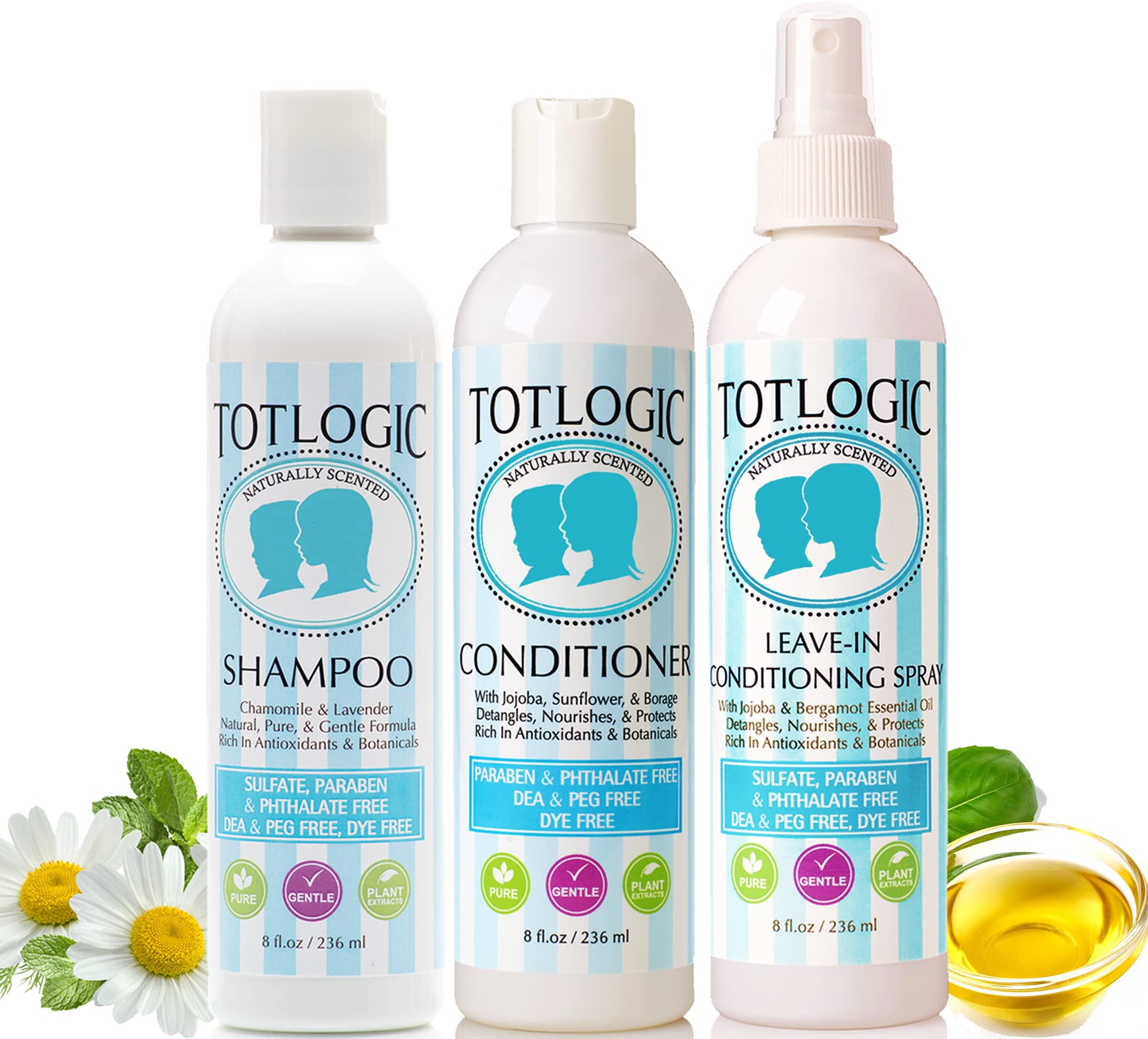 TotLogic Sulphate Free Hair and Scalp Care Set - Shampoo, Conditioner, Detangling Spray - Gentle, Safe, Made with Natural Essential Oils and Botanicals
