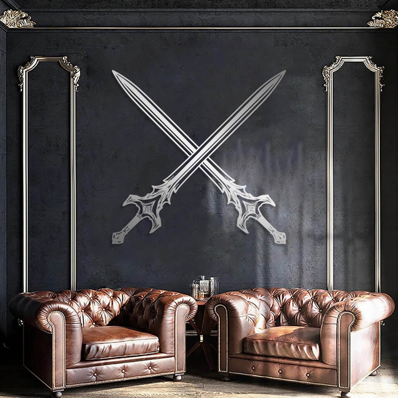 Decorazione murale in Metallo con Croce e Spada Nera, Armatura Medievale da Cavaliere in Metallo, Scultura Moderna con Croce e Spada per Soggiorno, corridoio e Scale (Argento 76 cm x 76 cm)