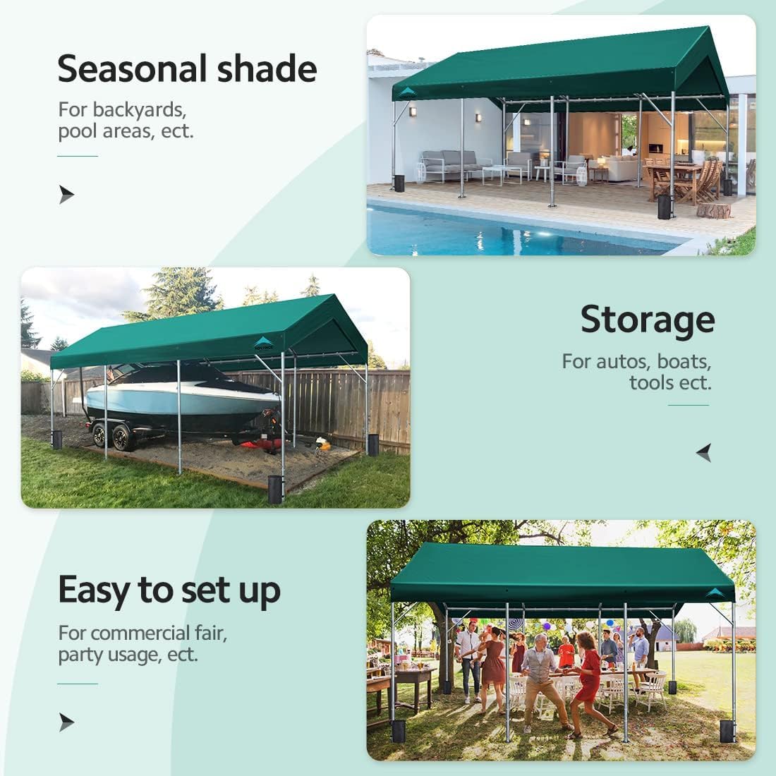 Collage of images showing the carport used as seasonal shade, storage for a boat, and an easy-to-set-up tent for events.