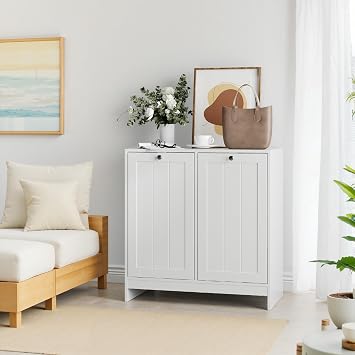 Laundry Hamper Cabinet Double Tilt Out Laundry Hamper 11.8 Gallon Hidden Laundry Storage with 2 Removable Baskets Fluted Trash Can Cabinet for Kitchen Bathroom