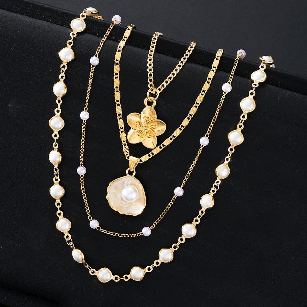 4Pcs Flower Pearl Layered Necklaces for Women,Gold Y2k Beaded Necklace Choker Pendant Chain Stack Necklace Statement Trendy Necklaces Jewelry Gifts for Women - Image 6