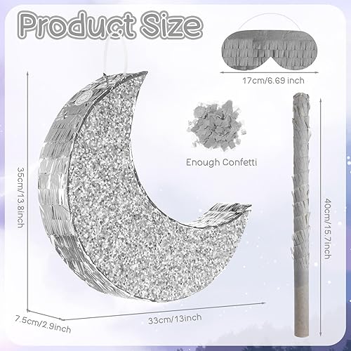 Miniatura 2 de Hicarer Piñata de luna plateada para niños, decoración de fiesta de cumpleaños, suministros de decoración de piñatas para niños, fiesta de