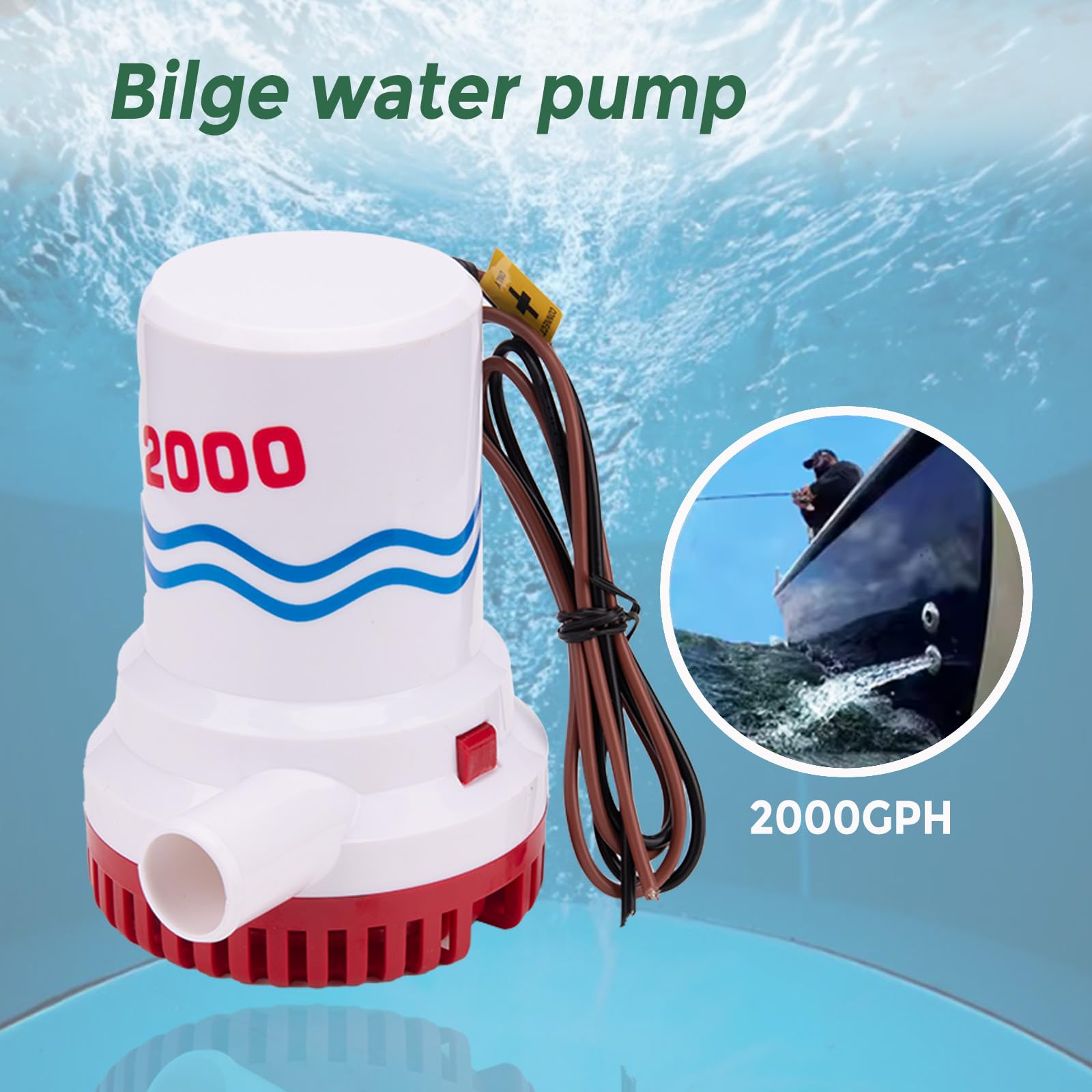 Bomba de achique sumergible de 12 V de 2000 GPH para barco marino | Carcasa resistente a la corrosión. Diseño totalmente sumergible.