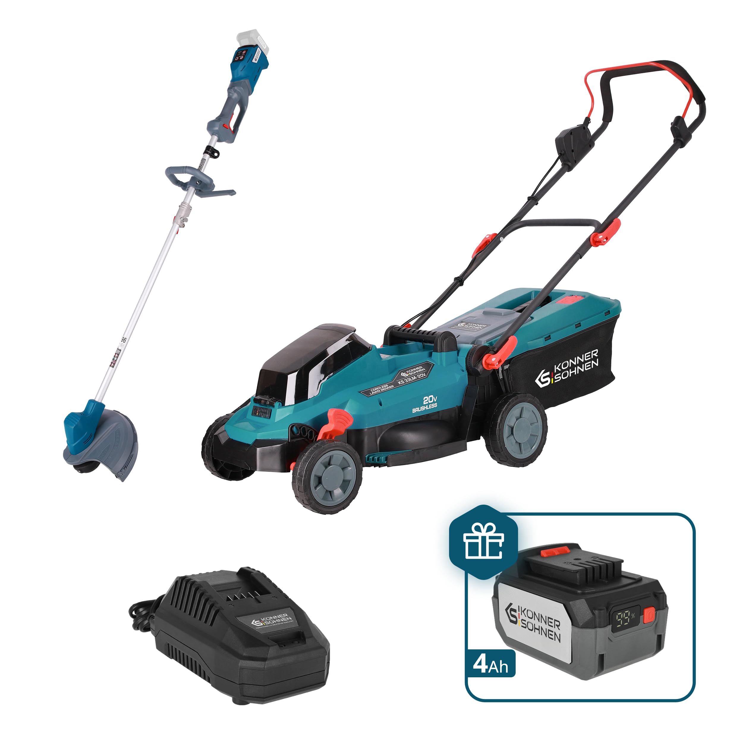 K&S Könner&Söhnen Zestaw do urządzeń ogrodowych zasilanych akumulatorem, do pielęgnacji trawnika, KS 33LM-BCT20V-SET 20 V i kosiarka (5 pozycji) do pielęgnacji trawnika, ładowarka + akumulator 4 Ah