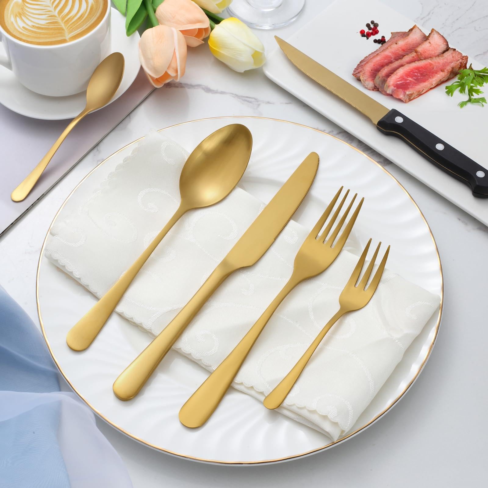 BEWOS Juego de Oro cubiertos para 6 personas, cuberteria acero inoxidable de 36 piezas con cuchillos para carne, Cuchillo Cuchara Tenedor Cubiertos Set Espejo Pulido, Apto para Lavavajillas