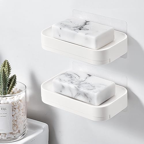 Miniatura 8 de YOHOM Jabonera adhesiva con bandeja de drenaje, barra de ducha blanca, soporte para jabón montado en la pared para baño, soporte para bandeja de