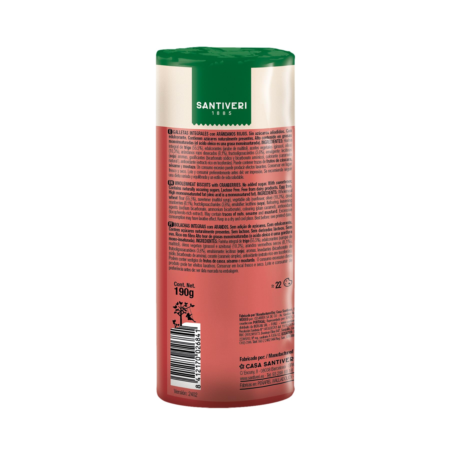 SANTIVERI - Galletas Integrales Arándanos, 0% Azúcares Añadidos - Con Fibra, Sin Grasa de Palma, Alto Oleico, Sin Huevo, Sin Lactosa - Vegano - 190 g — view 3