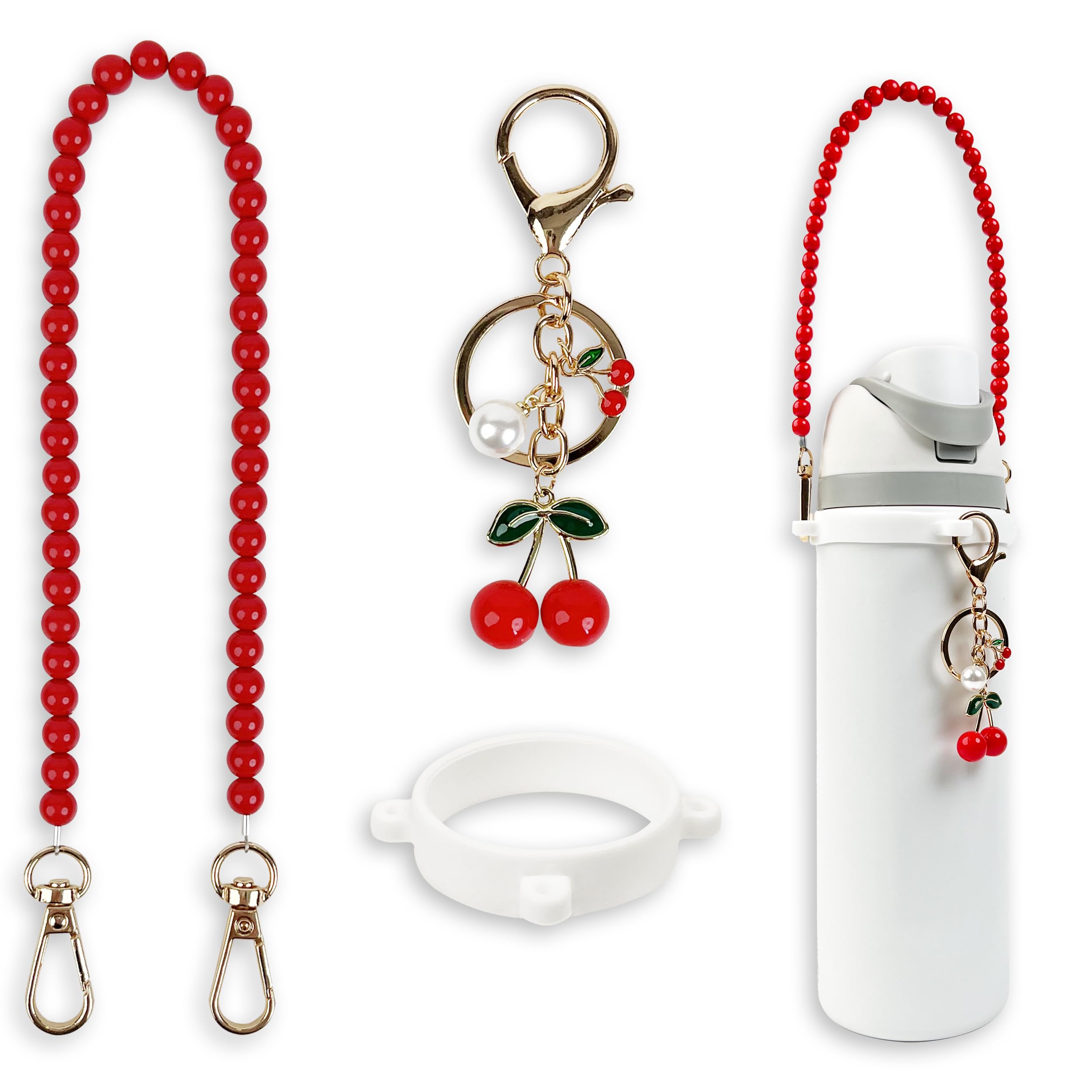 Grip Band and Cherry Clip Set for Owala Water Bottle, 680 ml, 907 ml, 1134 ml, Owala Kids, Owala Coffee Mug, Owala FreeSip, for Owala Accessories and Stanley Cup Accessories (Pearl Red)