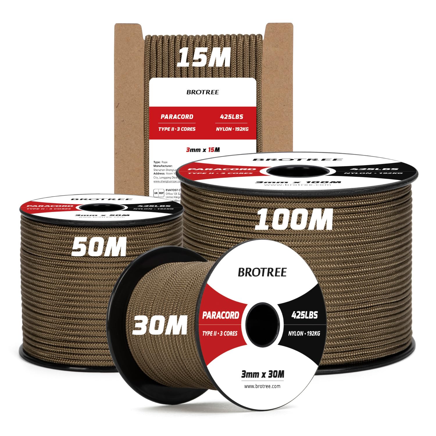 Brotree 3mm Paracord 425 100% Nylon 100M Rope 3 Strands Type II Parachute Cord for Outdoor, Craft, DIY - 192kg Breaking Load (Mud Brown)