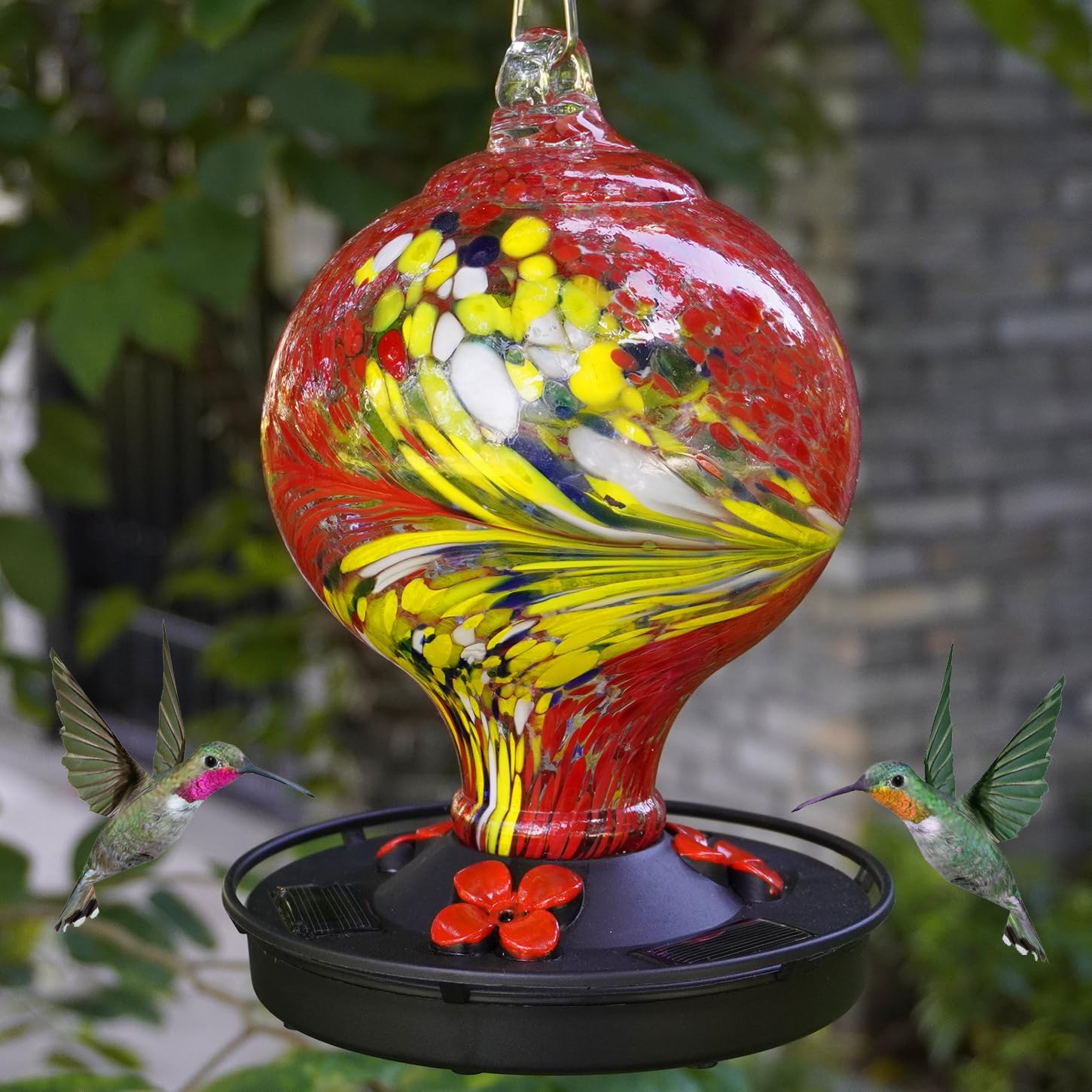 Hummingbird Feeder with Solar Powered Lights, Easy Clean Hole Handblown Glass Hummingbird Feeder for Outdoors Hanging, Red/Black - Image 2