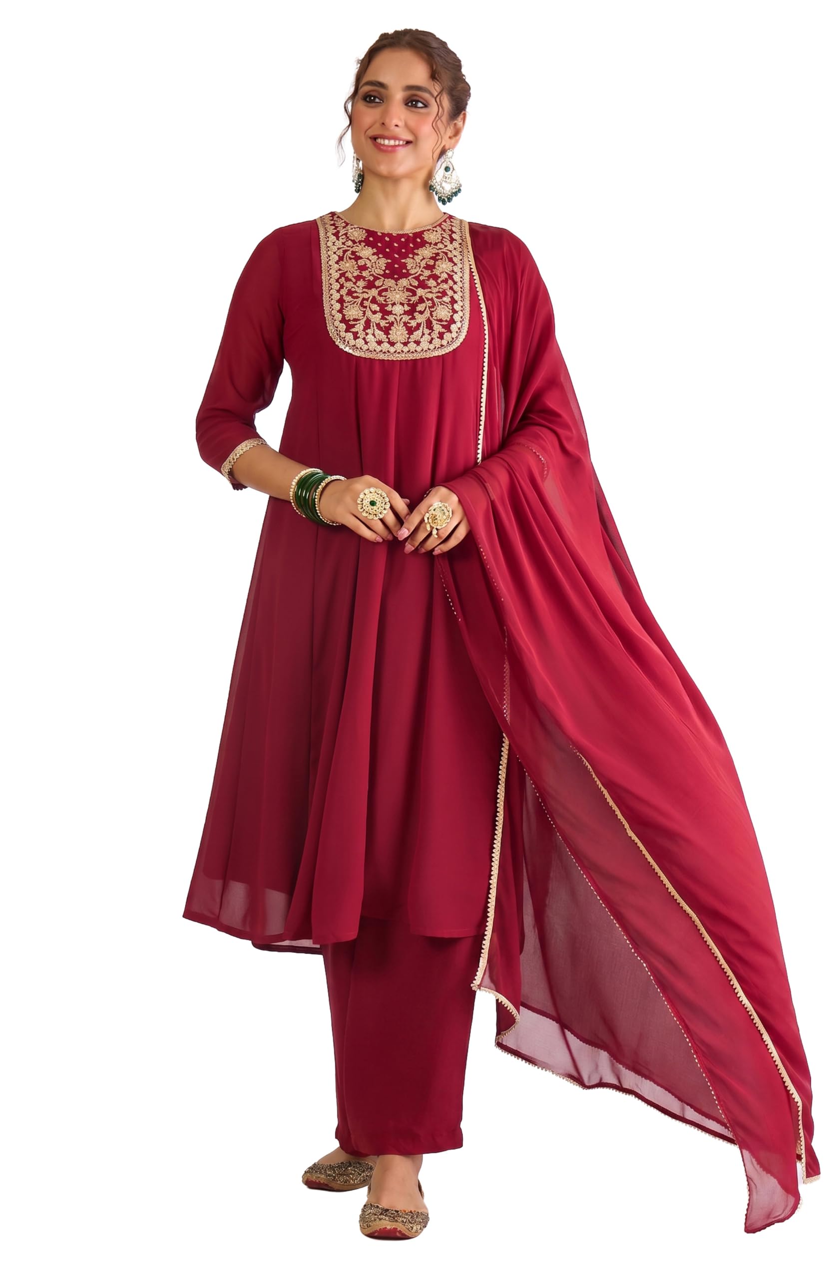 janasya Women's Maroon Georgette Floral Zari Yoke Embroidered Anarkali Kurta with Palazzo and Dupatta Set-picture-36