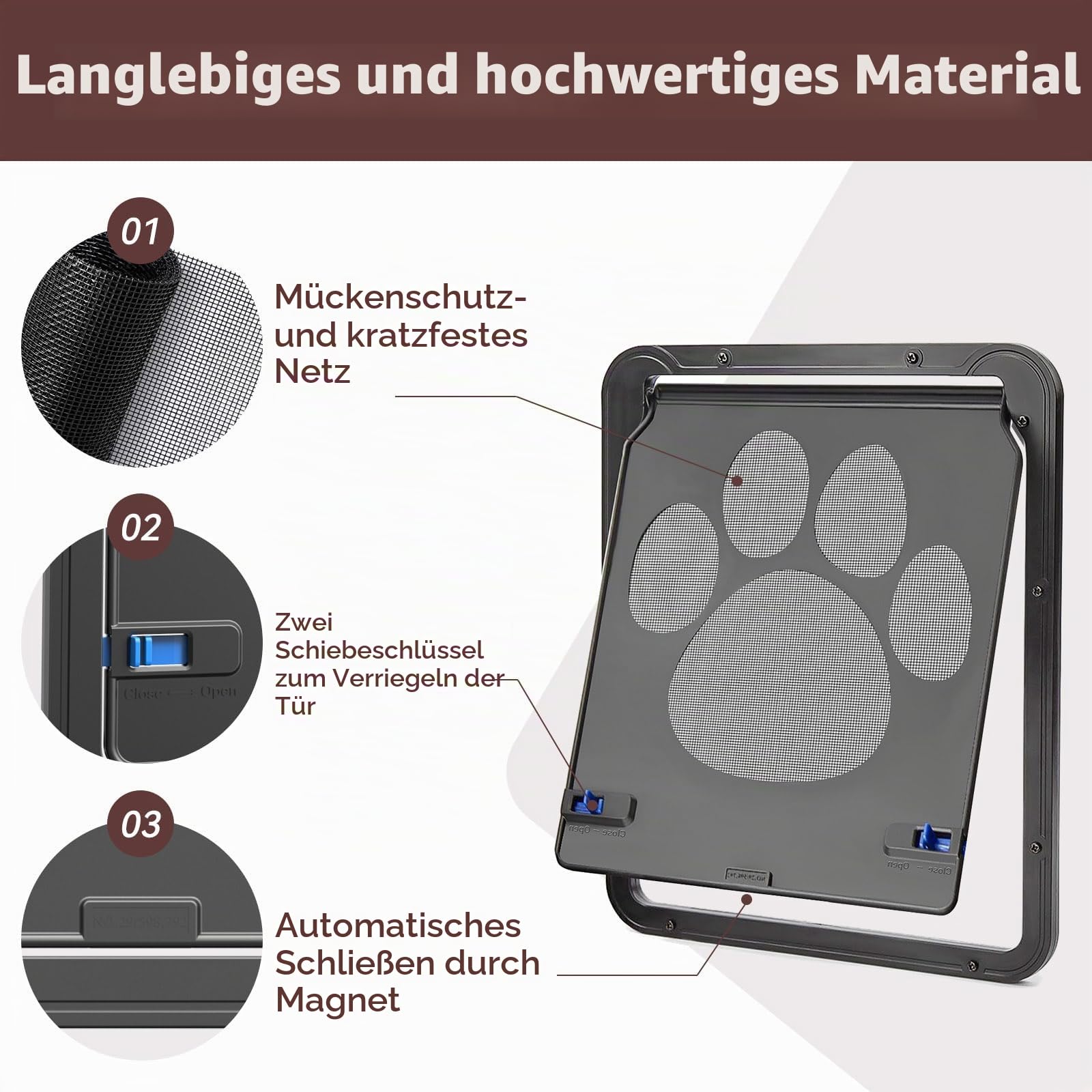 Katzenklappe Fliegengitter mit Magnetverschluss Katzentür für Fliegengitter für Schiebetür/Fenster abschließbare Tür für Kätzchen/Katzen/Hunde