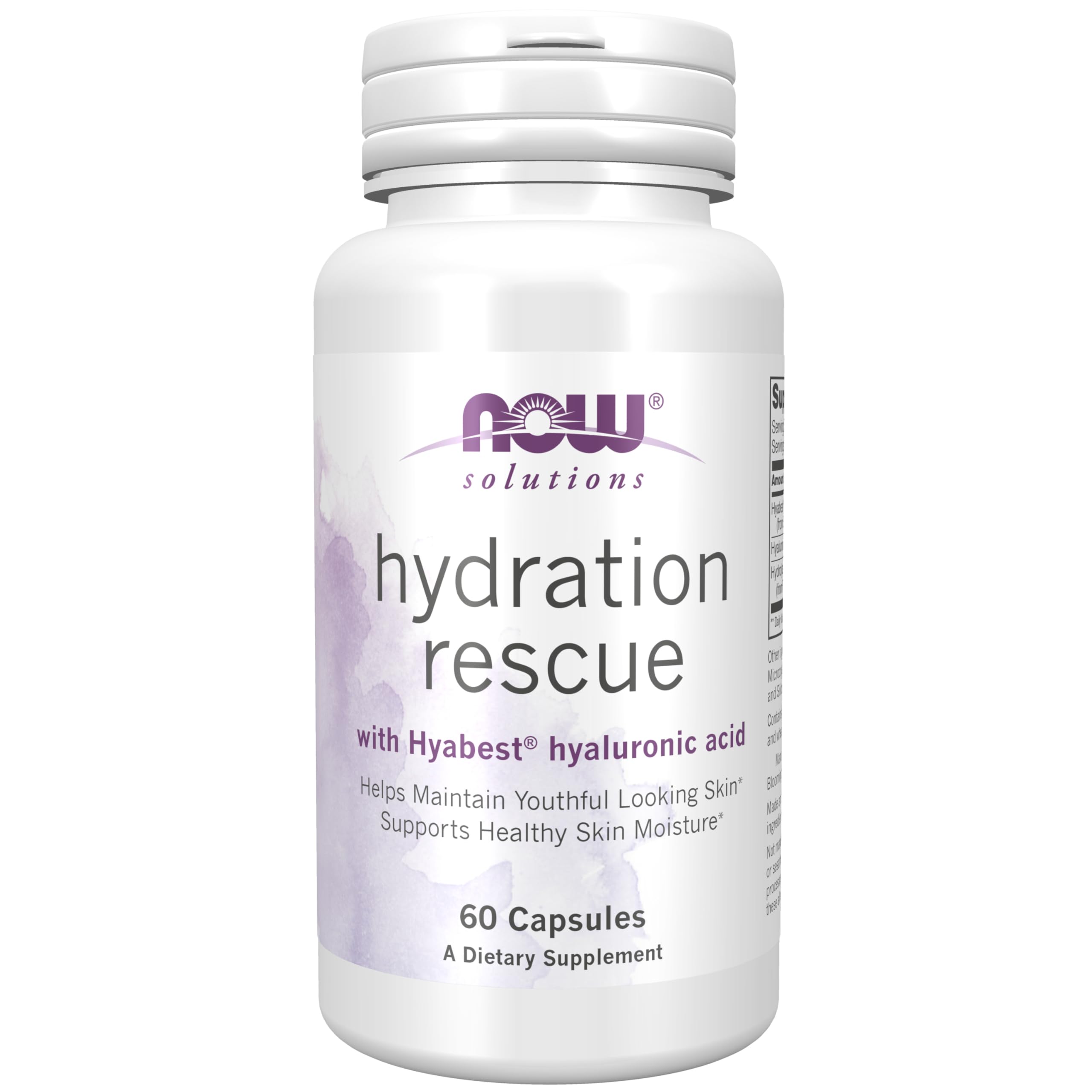 NOW Foods Solutions, Hydration Rescue with Hyabest® hyaluronic acid, Helps Maintain Youthful Looking Skin*, Supports Healthy Skin Moisture*, 60 Veg Capsules