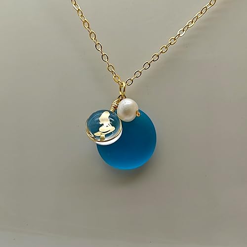 Miniatura 6 de Sea Glass Oval Pendant Necklace on 26 Inch 18K Gold Plated Chain (Blue)