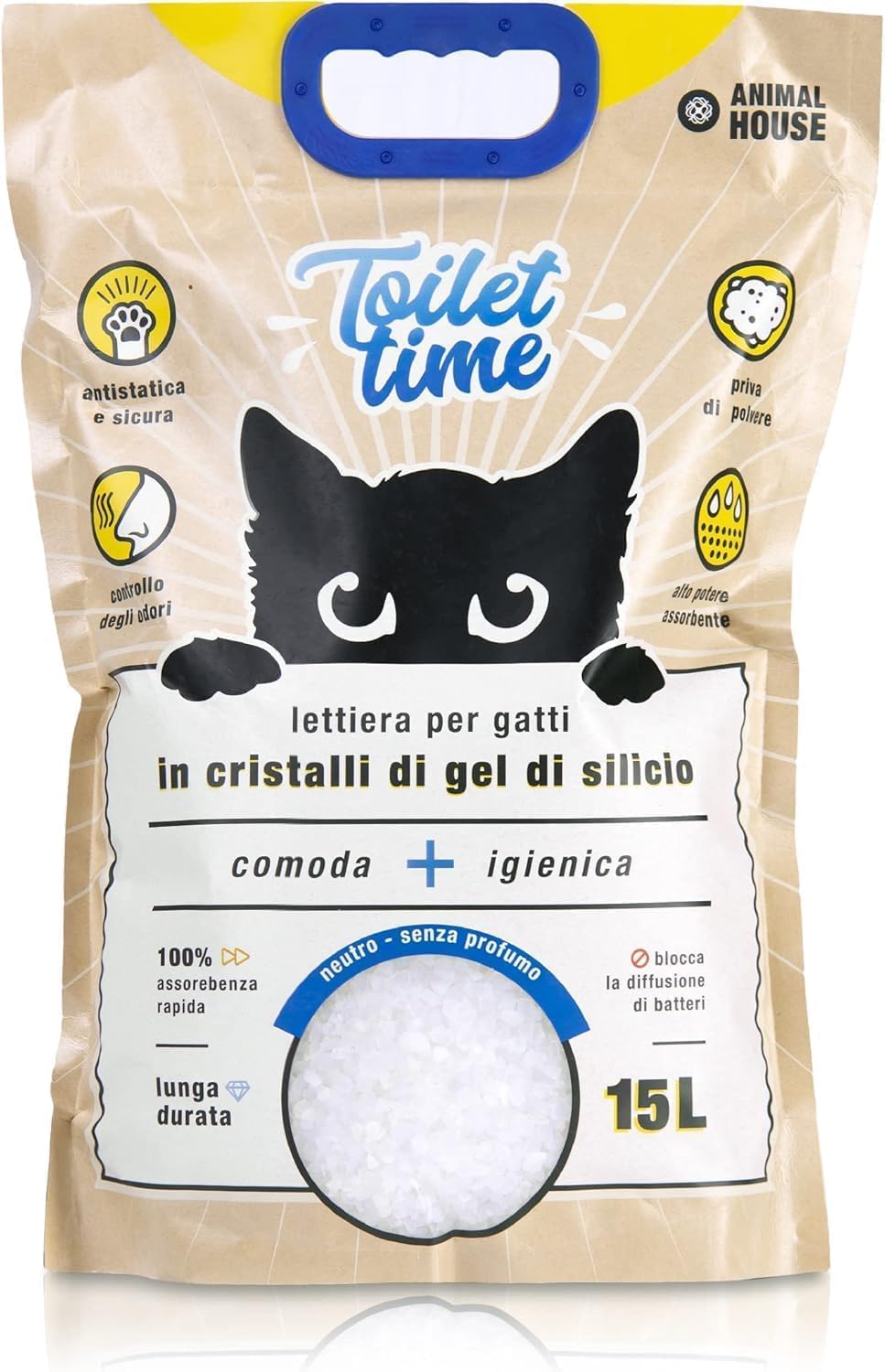 Animal House Toilet Time, 15L Lettiera in Cristalli di Silicio per Gatti, Antistatica e Sicura, Priva di Polvere, Ultra Assorbente, Trattiene gli Odori 6.2-6.4Kg (Neutro, 15L)