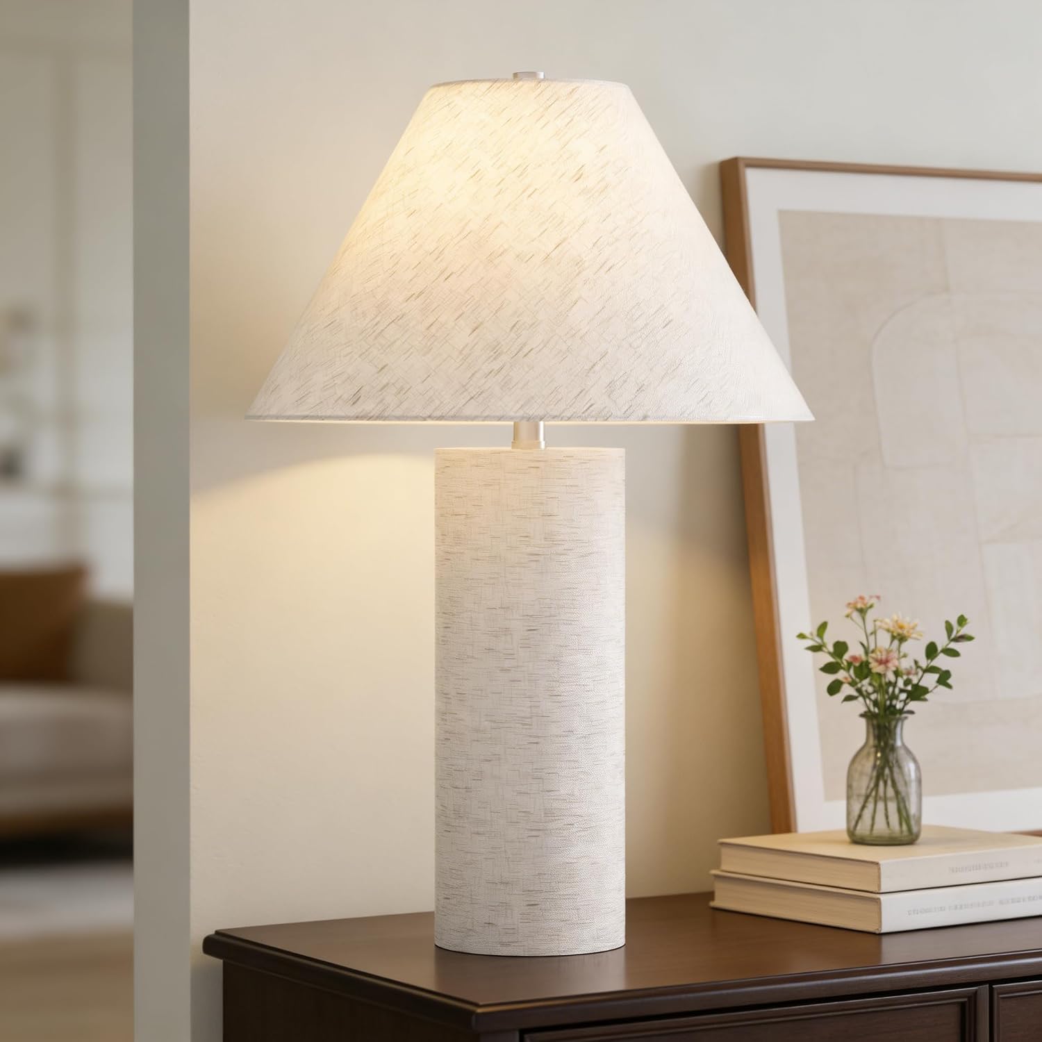 Maxax 23" Table Lamps for Living Room, Modern White Bedside Lamps with USB C+A Ports, Resin Bedroom Lamp with White Linen Shade for Nightstand End Table