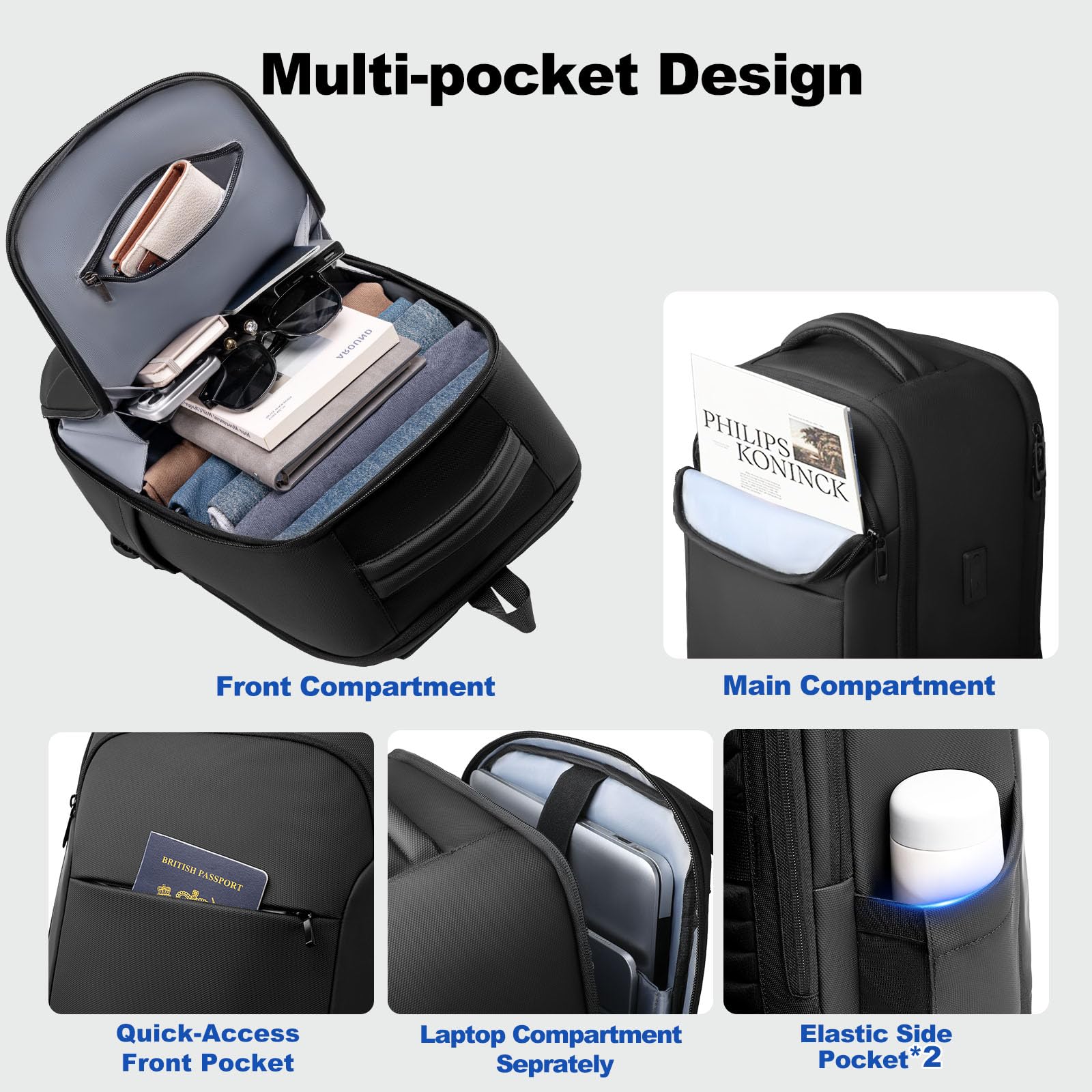 30L Zaino Viaggio Cabina Aereo 40x30x20 per 17.3''Laptop | Zaino Business Uomo con USB A&C, Zaino Porta PC Computer Impermeabile Antifurto per Lavoro Ufficio Università, Nero