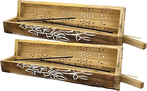 Miniatura 8 de Paquete de 2 quemadores de incienso de madera con forma de ataúd - 12 pulgadas talladas - Compartimento de almacenamiento (pájaro tallado en rama)